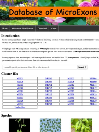 MEPDB home page with the microexon search box and the list of conserved cluster IDs.