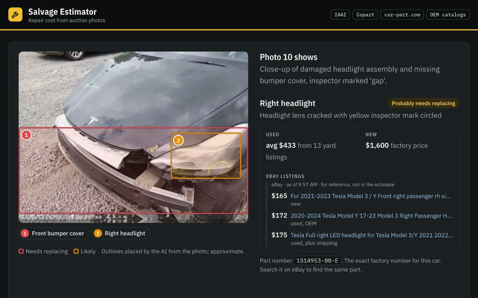 Salvage estimator results for photo 10 of a damaged Tesla Model Y: the front bumper cover and right headlight outlined on the photo, and the headlight marked probably needs replacing, with used and new prices and three eBay listings.