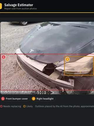 Salvage estimator results for photo 10 of a damaged Tesla Model Y: the front bumper cover and right headlight outlined on the photo, and the headlight marked probably needs replacing, with used and new prices and three eBay listings.